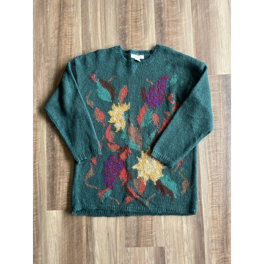 Cape Isle Knitters Sweater‎ Womens XL Green Mohair Floral Knit Pullover Crewneck
